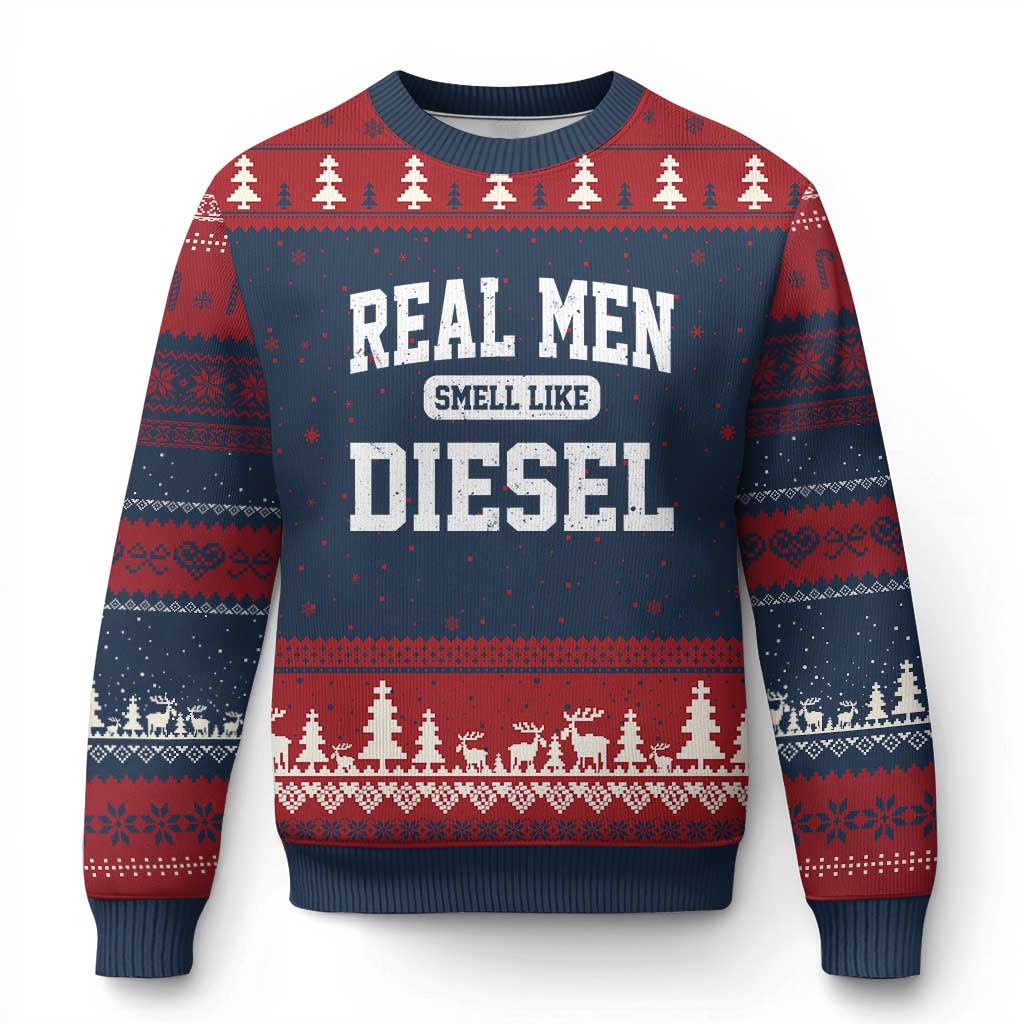 Funny Truck Mechanic Ugly Christmas Sweater Real Men Smell Like Diesel