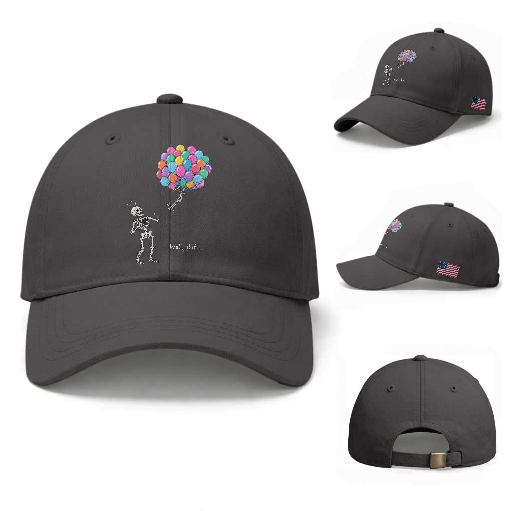 Well Shit Skeleton Detached Arm Baseball Cap Gothic Halloween Flying Balloons Graphic