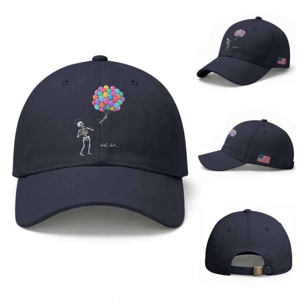 Well Shit Skeleton Detached Arm Baseball Cap Gothic Halloween Flying Balloons Graphic