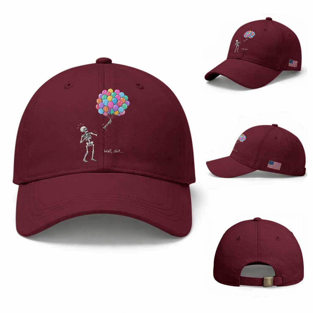 Well Shit Skeleton Detached Arm Baseball Cap Gothic Halloween Flying Balloons Graphic