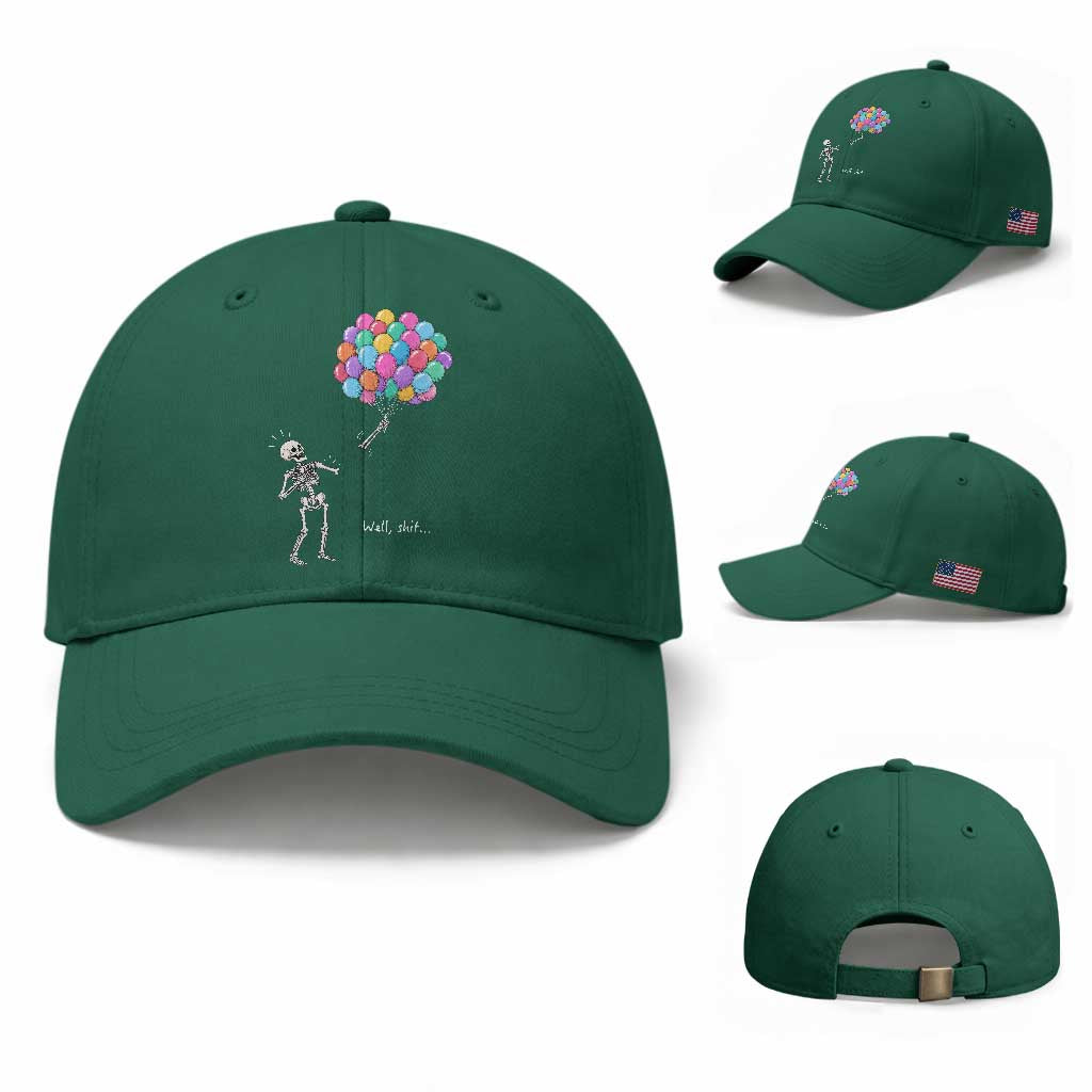 Well Shit Skeleton Detached Arm Baseball Cap Gothic Halloween Flying Balloons Graphic