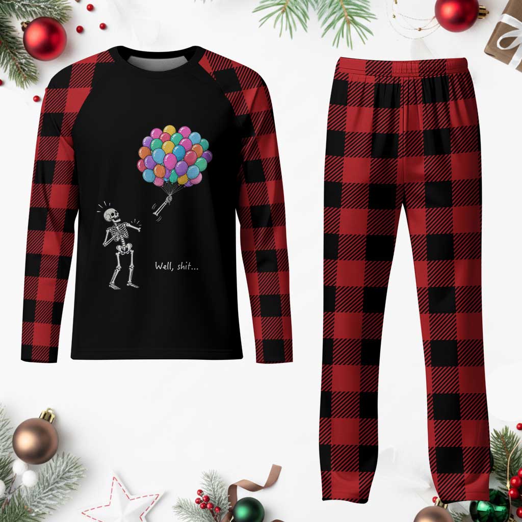 Well Shit Skeleton Detached Arm Plaid Pajama Set Gothic Halloween Flying Balloons Graphic