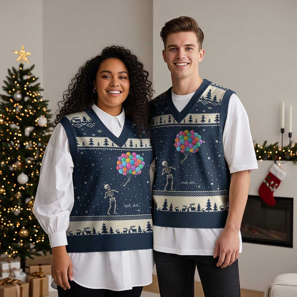 Well Shit Skeleton Detached Arm V-Neck Knit Sweater Vest Gothic Halloween Flying Balloons Graphic