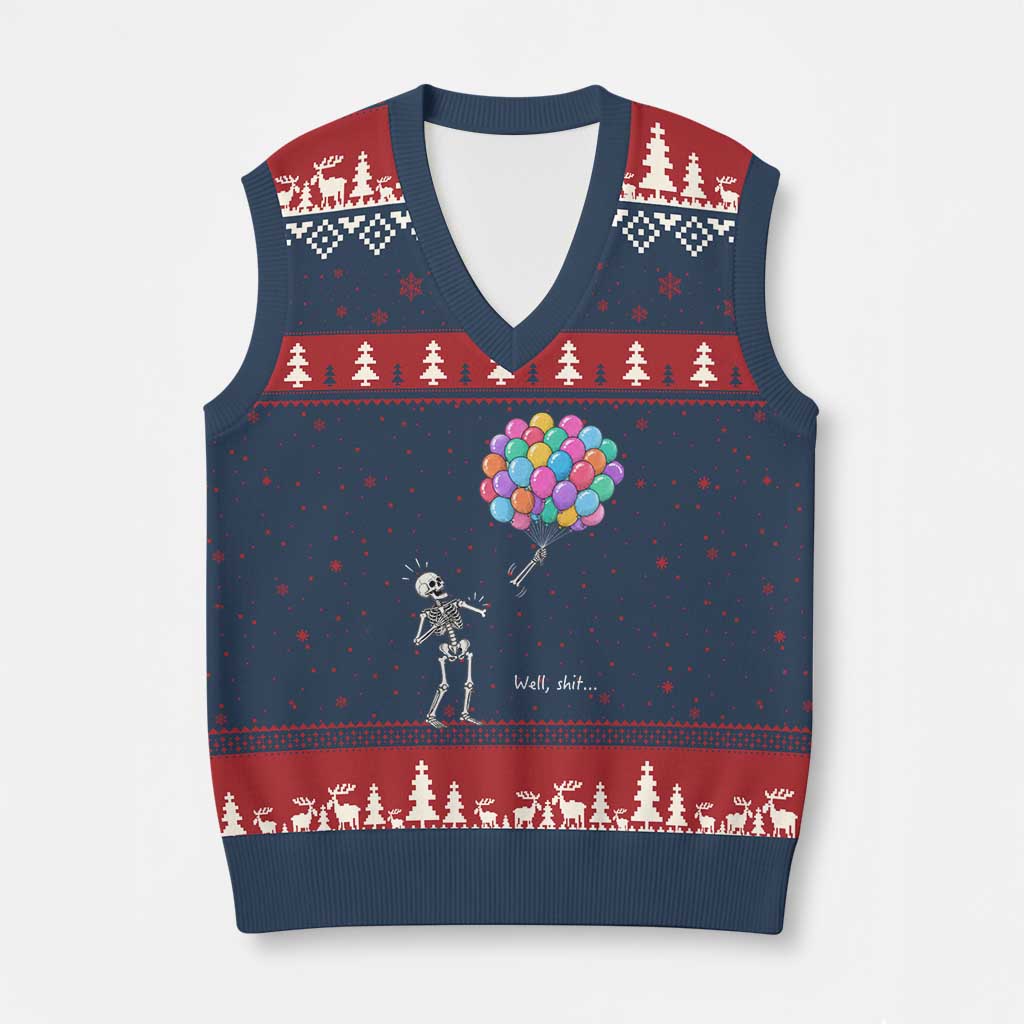 Well Shit Skeleton Detached Arm V-Neck Knit Sweater Vest Gothic Halloween Flying Balloons Graphic