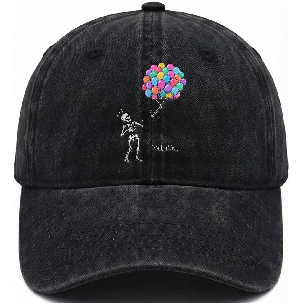 Well Shit Skeleton Detached Arm Washed Cotton Baseball Cap Gothic Halloween Flying Balloons Graphic