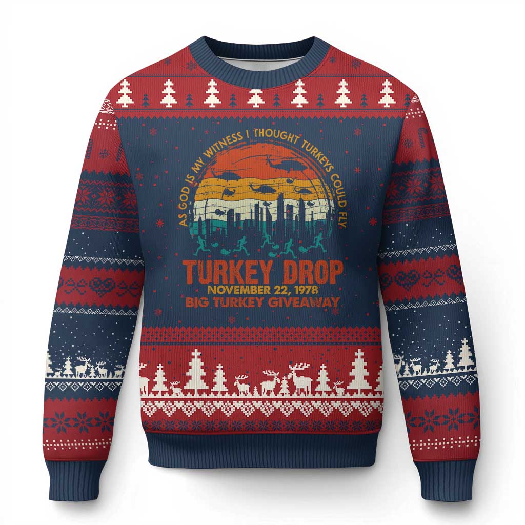 WKRP Turkey Drop Ugly Christmas Sweater Funny Thanksgiving Day First Annual WKRP TS10 Navy Red Print Your Wear