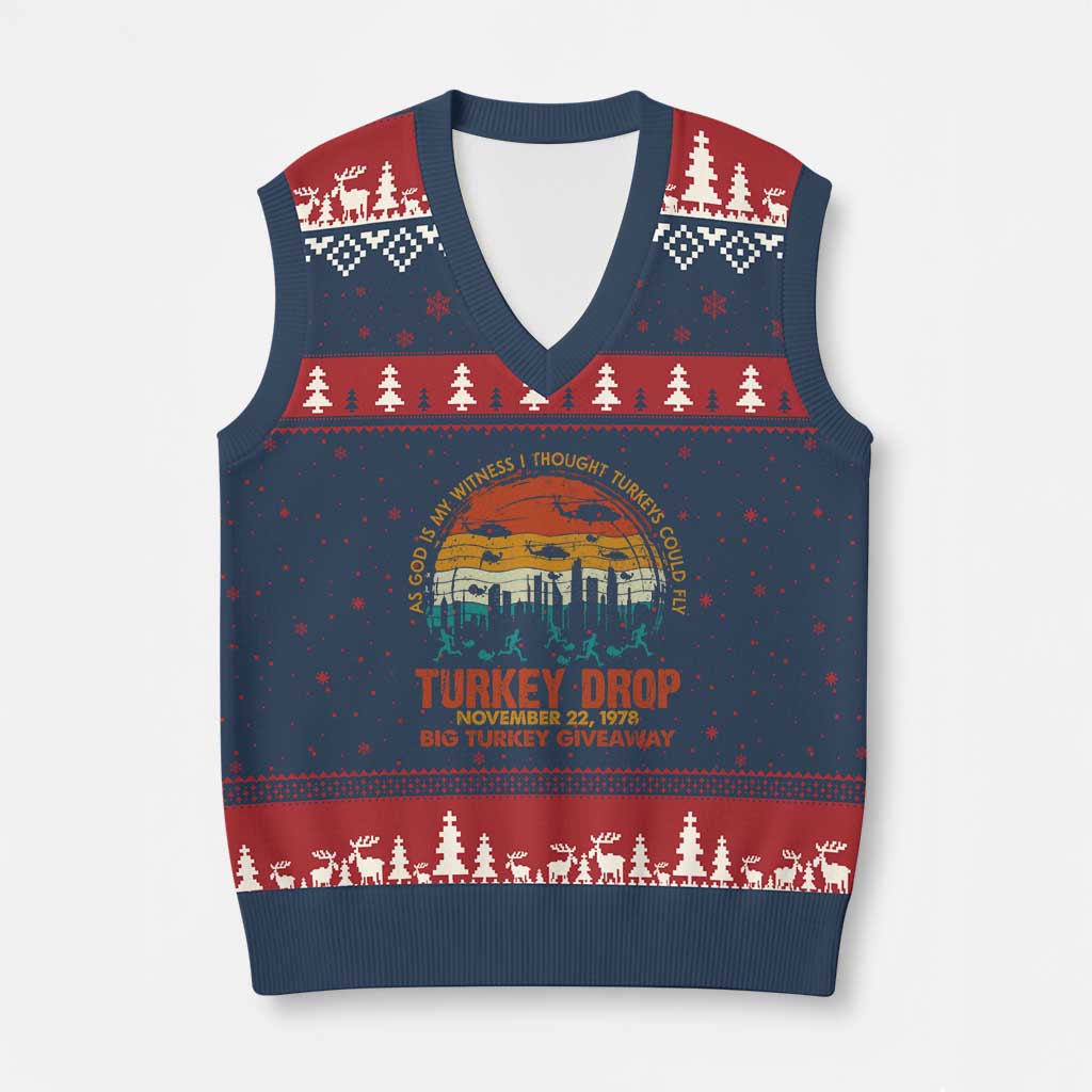 WKRP Turkey Drop V-Neck Knit Sweater Vest Funny Thanksgiving Day First Annual WKRP TS10 Navy Red Print Your Wear