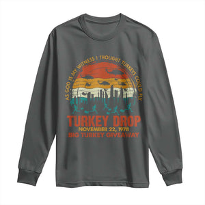 WKRP Turkey Drop Long Sleeve Shirt Funny Thanksgiving Day First Annual WKRP TS10 Dark Heather Print Your Wear
