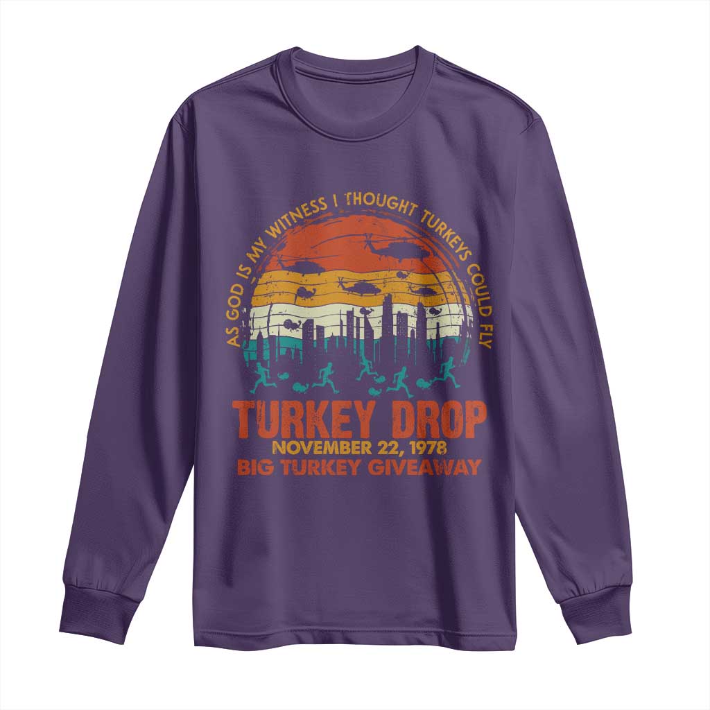 WKRP Turkey Drop Long Sleeve Shirt Funny Thanksgiving Day First Annual WKRP TS10 Purple Print Your Wear