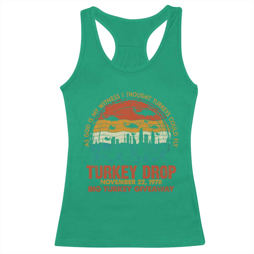 WKRP Turkey Drop Racerback Tank Top Funny Thanksgiving Day First Annual WKRP TS10 Irish Green Print Your Wear