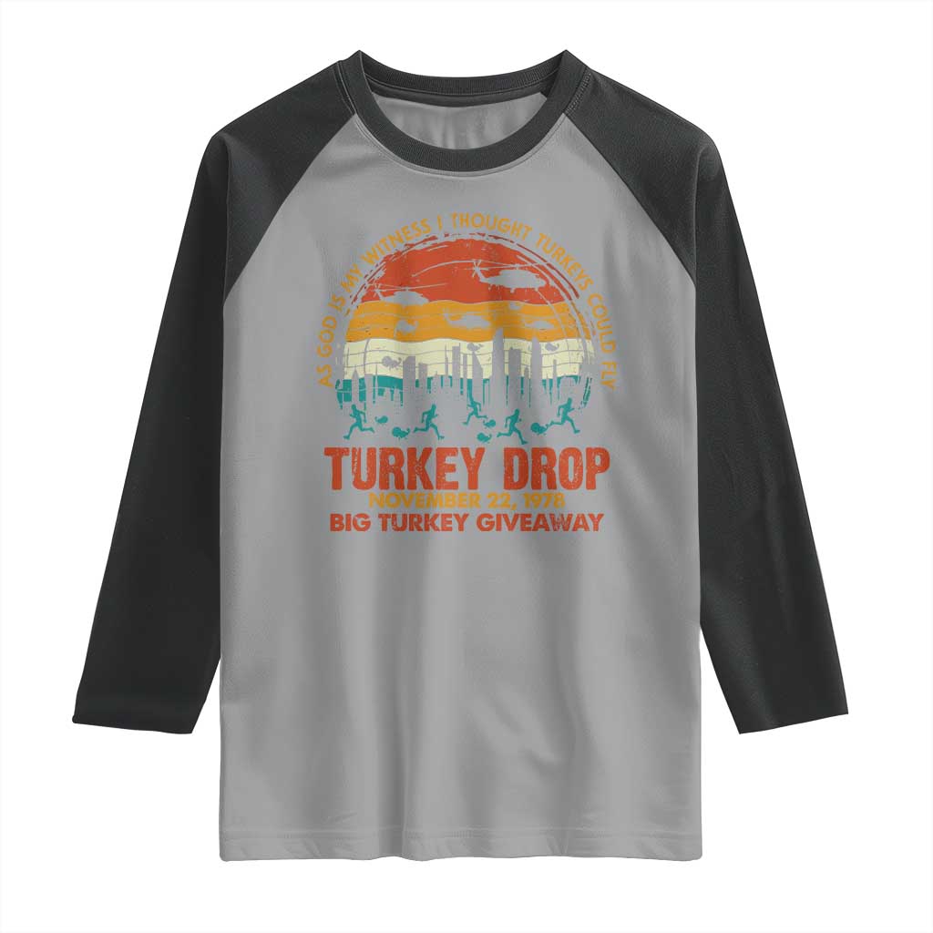 WKRP Turkey Drop Raglan Shirt Funny Thanksgiving Day First Annual WKRP TS10 Sport Gray Black Print Your Wear