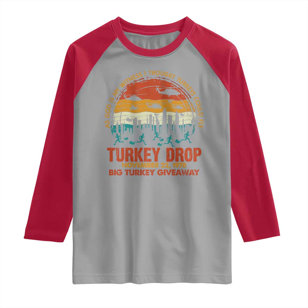 WKRP Turkey Drop Raglan Shirt Funny Thanksgiving Day First Annual WKRP TS10 Sport Gray Red Print Your Wear