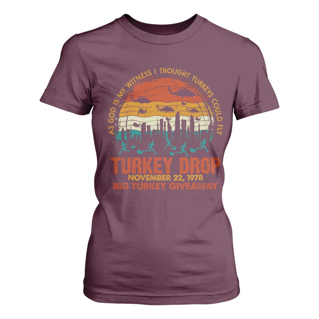WKRP Turkey Drop T Shirt For Women Funny Thanksgiving Day First Annual WKRP TS10 Maroon Print Your Wear