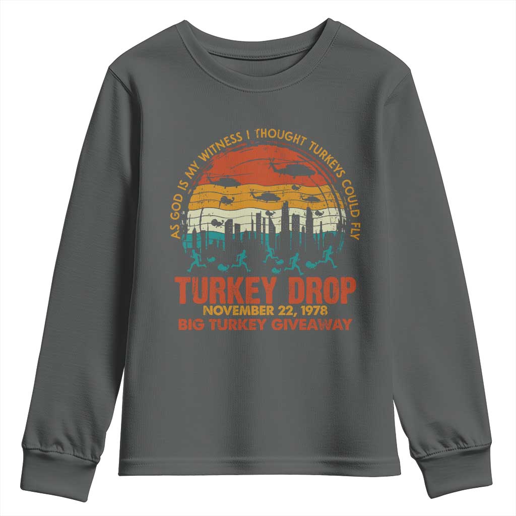 WKRP Turkey Drop Youth Sweatshirt Funny Thanksgiving Day First Annual WKRP TS10 Dark Heather Print Your Wear