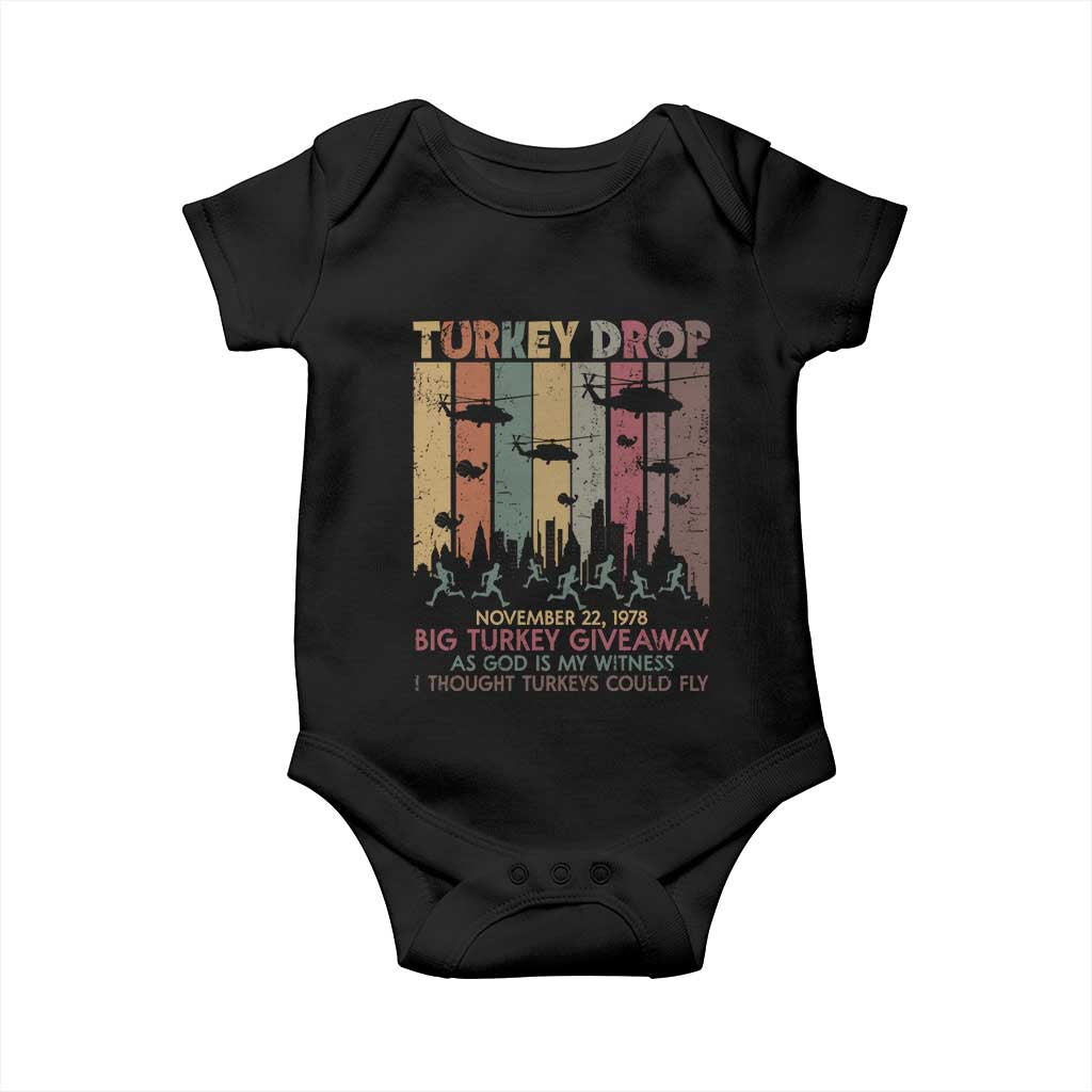 WKRP Turkey Drop Baby Onesie Retro First Annual WKRP Funny Thanksgiving Day TS10 Black Print Your Wear