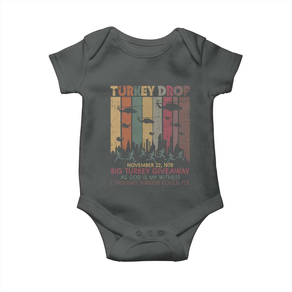 WKRP Turkey Drop Baby Onesie Retro First Annual WKRP Funny Thanksgiving Day TS10 Dark Heather Print Your Wear