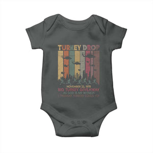 WKRP Turkey Drop Baby Onesie Retro First Annual WKRP Funny Thanksgiving Day TS10 Dark Heather Print Your Wear
