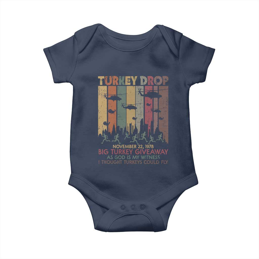 WKRP Turkey Drop Baby Onesie Retro First Annual WKRP Funny Thanksgiving Day TS10 Navy Print Your Wear