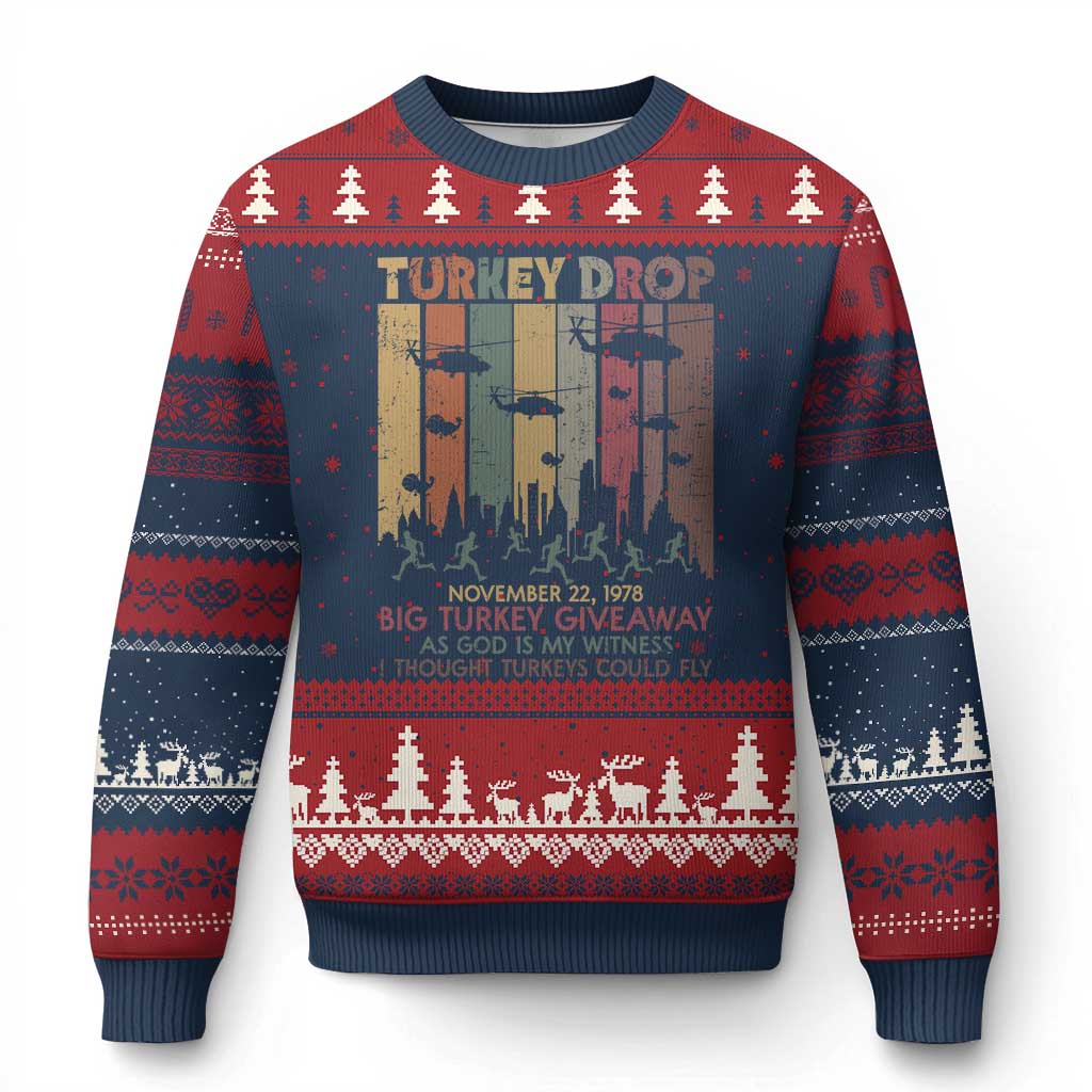 WKRP Turkey Drop Ugly Christmas Sweater Retro First Annual WKRP Funny Thanksgiving Day TS10 Navy Red Print Your Wear