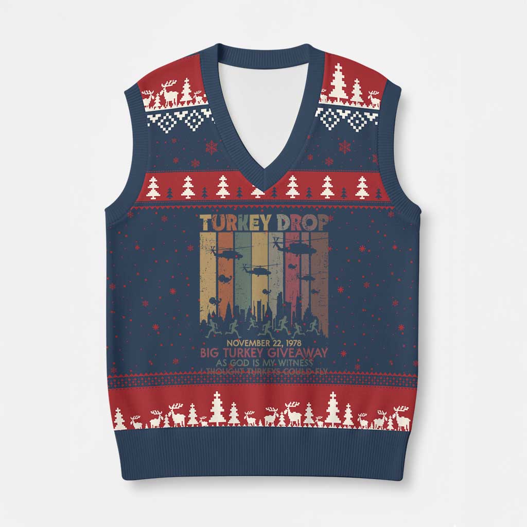 WKRP Turkey Drop V-Neck Knit Sweater Vest Retro First Annual WKRP Funny Thanksgiving Day TS10 Navy Red Print Your Wear