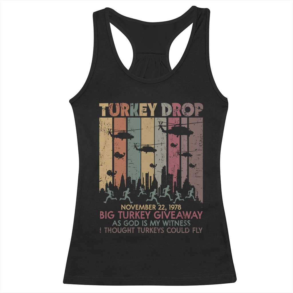 WKRP Turkey Drop Racerback Tank Top Retro First Annual WKRP Funny Thanksgiving Day - Print Your Wear