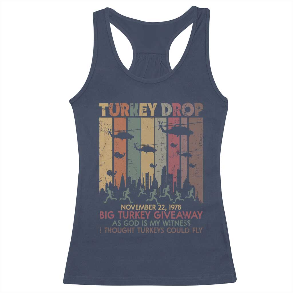 WKRP Turkey Drop Racerback Tank Top Retro First Annual WKRP Funny Thanksgiving Day TS10 Navy Print Your Wear