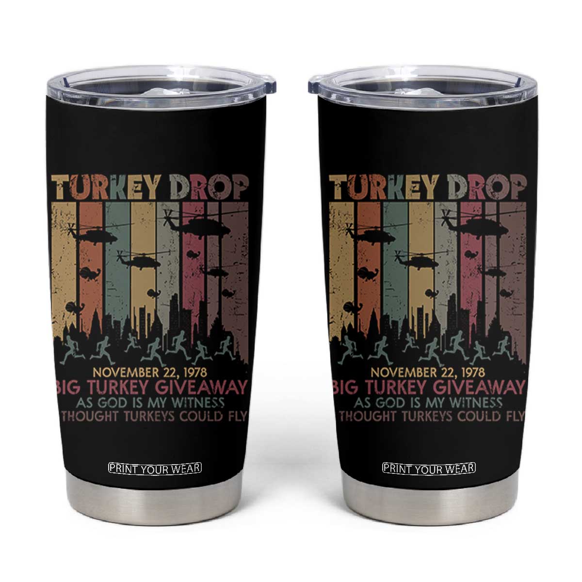 WKRP Turkey Drop Tumbler Cup Retro First Annual WKRP Funny Thanksgiving Day TS10 Black Print Your Wear