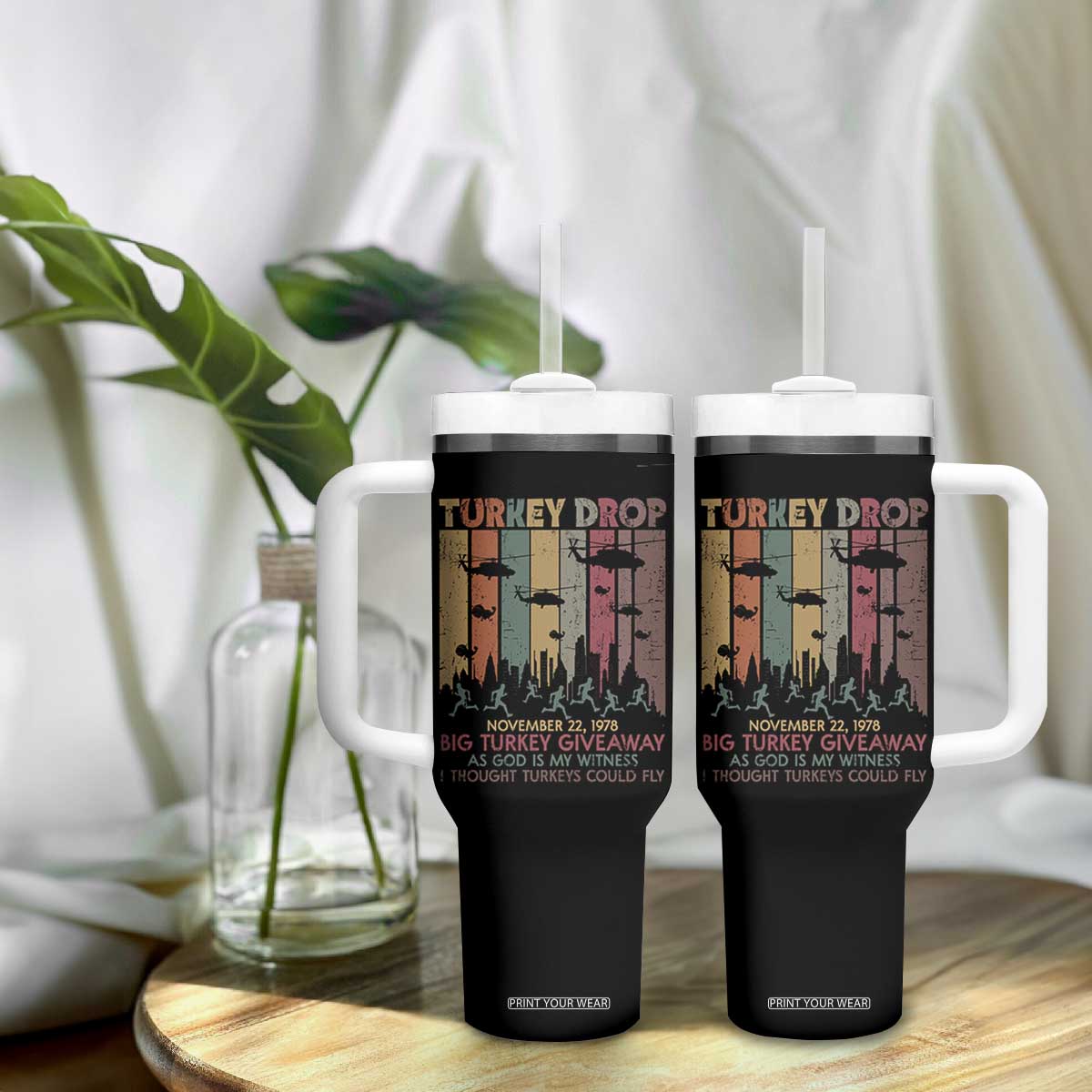 WKRP Turkey Drop Tumbler With Handle Retro First Annual WKRP Funny Thanksgiving Day TS10 Print Your Wear