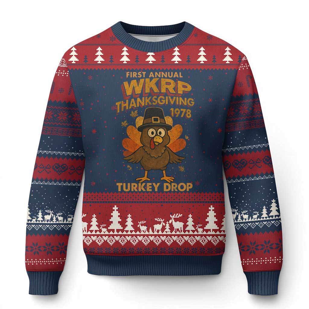 First Annual WKRP Ugly Christmas Sweater Funny Thanksgiving Day WKRP Turkey Drop TS10 Navy Red Print Your Wear