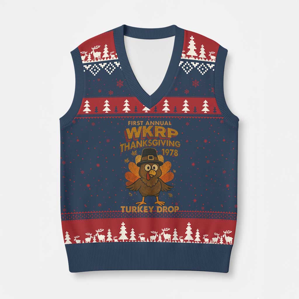 First Annual WKRP V-Neck Knit Sweater Vest Funny Thanksgiving Day WKRP Turkey Drop TS10 Navy Red Print Your Wear