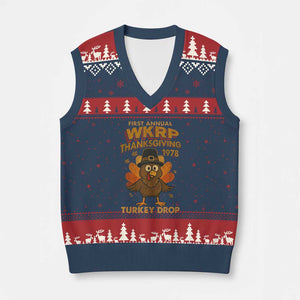 First Annual WKRP V-Neck Knit Sweater Vest Funny Thanksgiving Day WKRP Turkey Drop TS10 Navy Red Print Your Wear