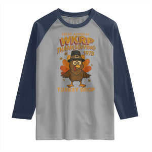 First Annual WKRP Raglan Shirt Funny Thanksgiving Day WKRP Turkey Drop TS10 Sport Gray Navy Print Your Wear