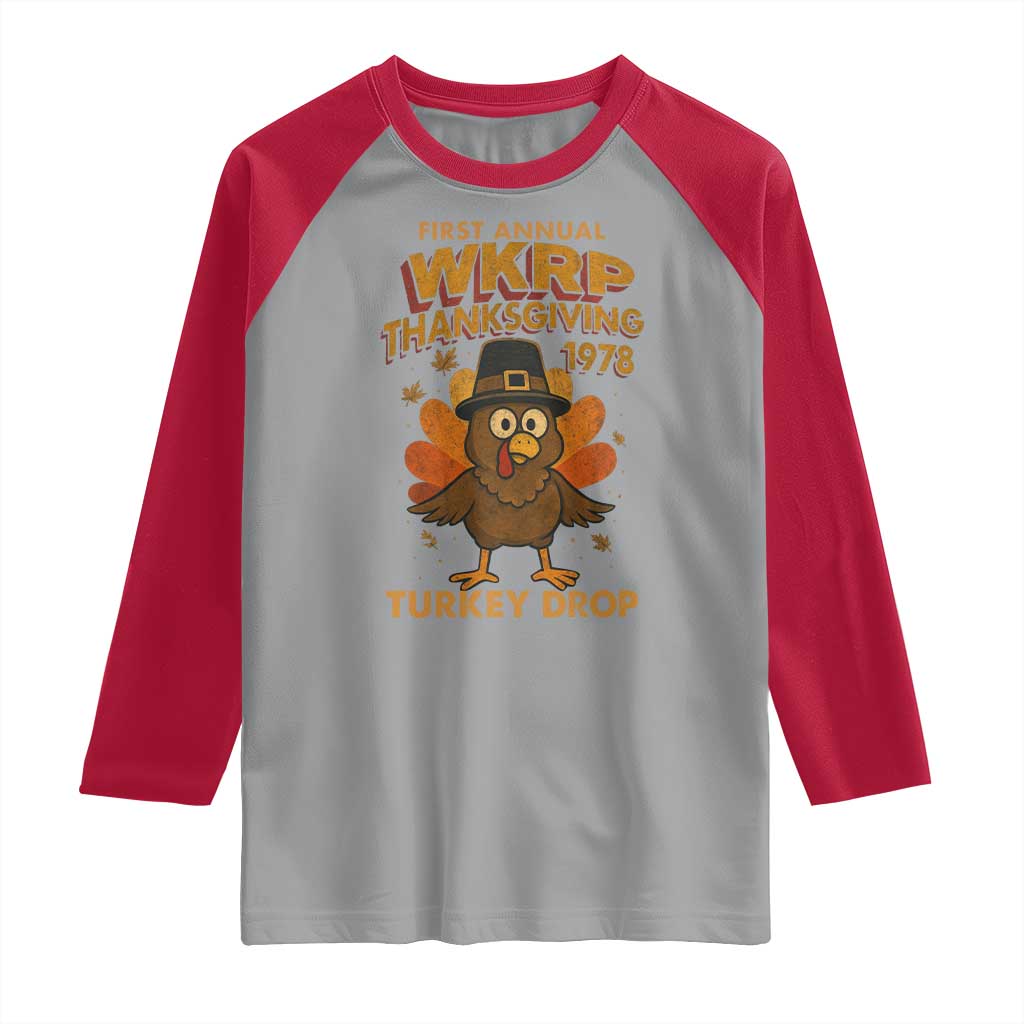 First Annual WKRP Raglan Shirt Funny Thanksgiving Day WKRP Turkey Drop TS10 Sport Gray Red Print Your Wear