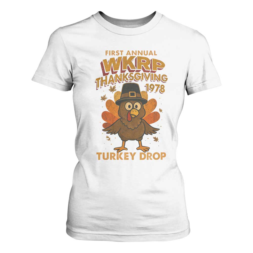 First Annual WKRP T Shirt For Women Funny Thanksgiving Day WKRP Turkey Drop TS10 White Print Your Wear