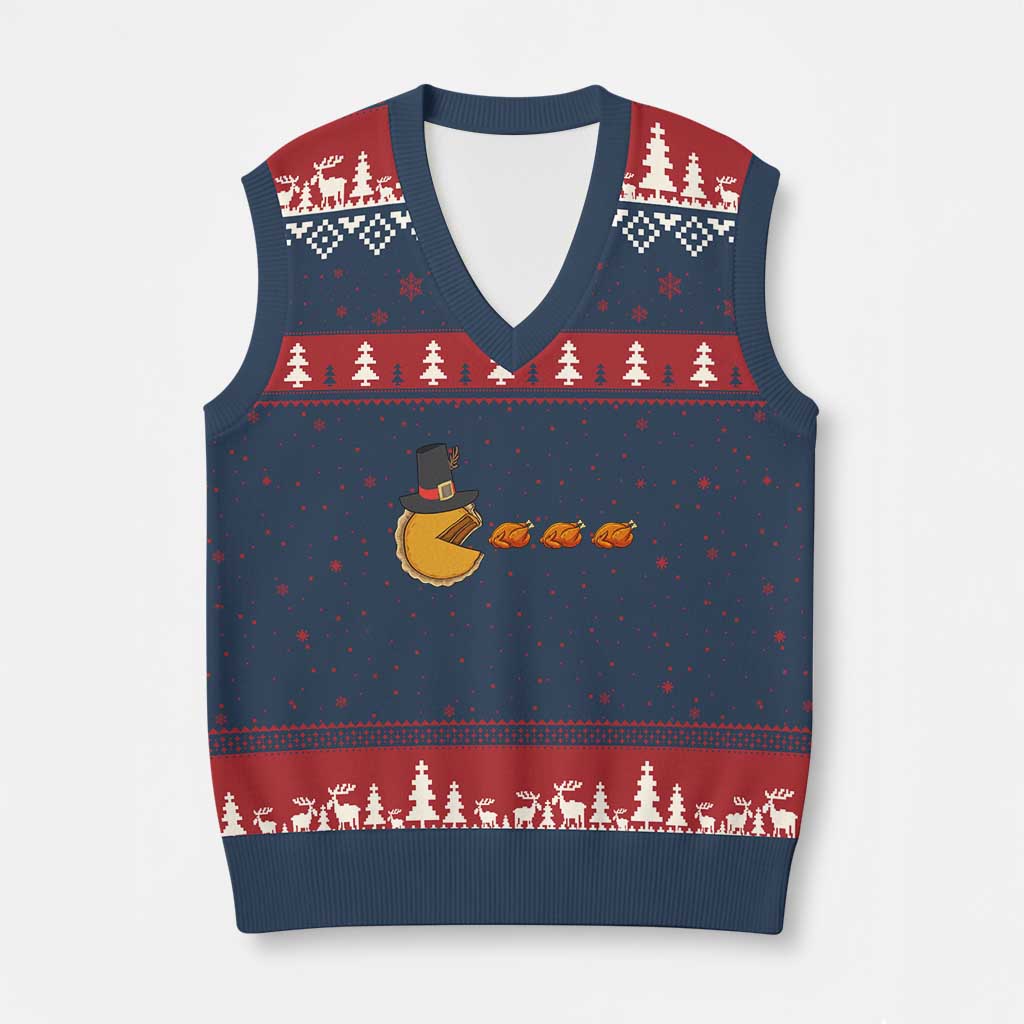 Thanksgiving Video Game V-Neck Knit Sweater Vest Pumpkin Pie Eating Turkey Gamer Patch Day TS10 Navy Red Print Your Wear