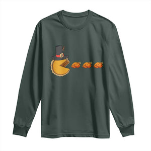 Thanksgiving Video Game Long Sleeve Shirt Pumpkin Pie Eating Turkey Gamer Patch Day TS10 Dark Forest Green Print Your Wear