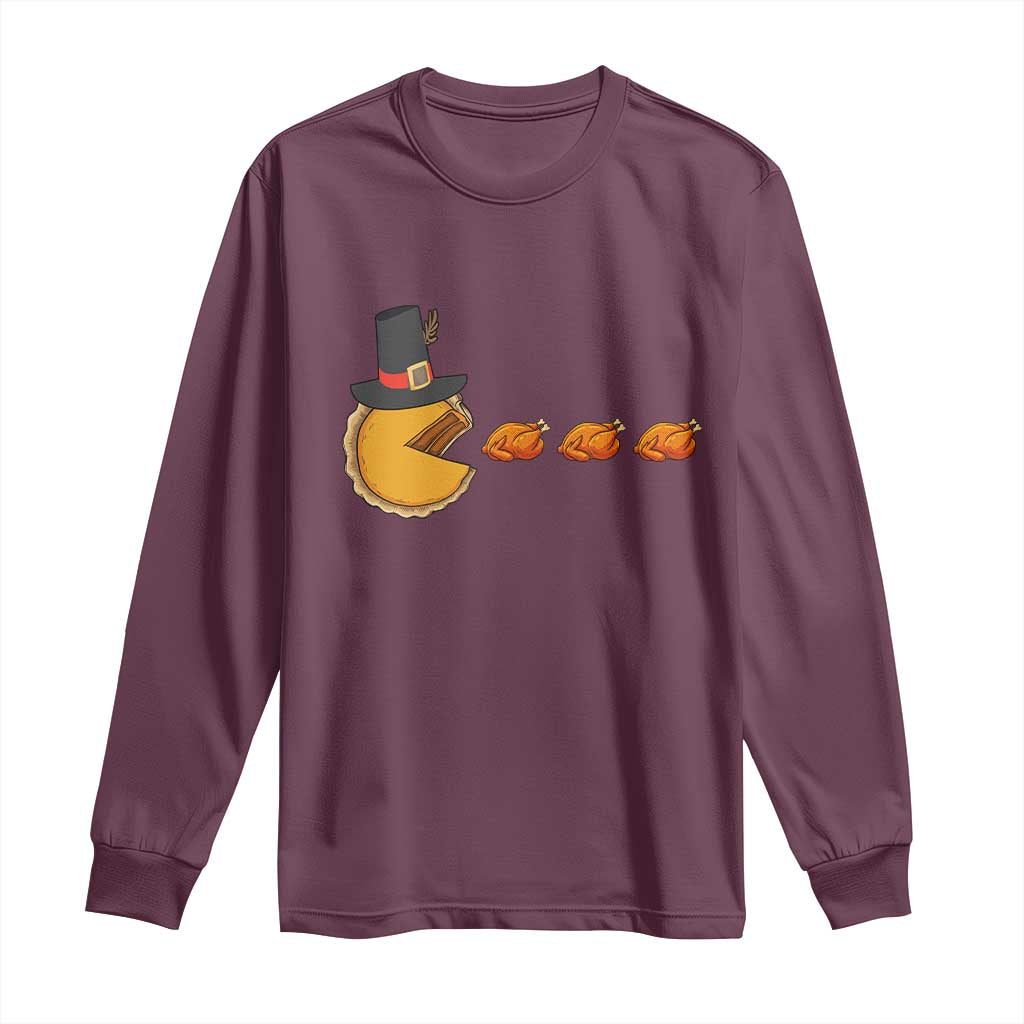 Thanksgiving Video Game Long Sleeve Shirt Pumpkin Pie Eating Turkey Gamer Patch Day TS10 Maroon Print Your Wear