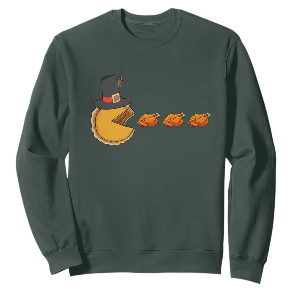 Thanksgiving Video Game Sweatshirt Pumpkin Pie Eating Turkey Gamer Patch Day TS10 Dark Forest Green Print Your Wear
