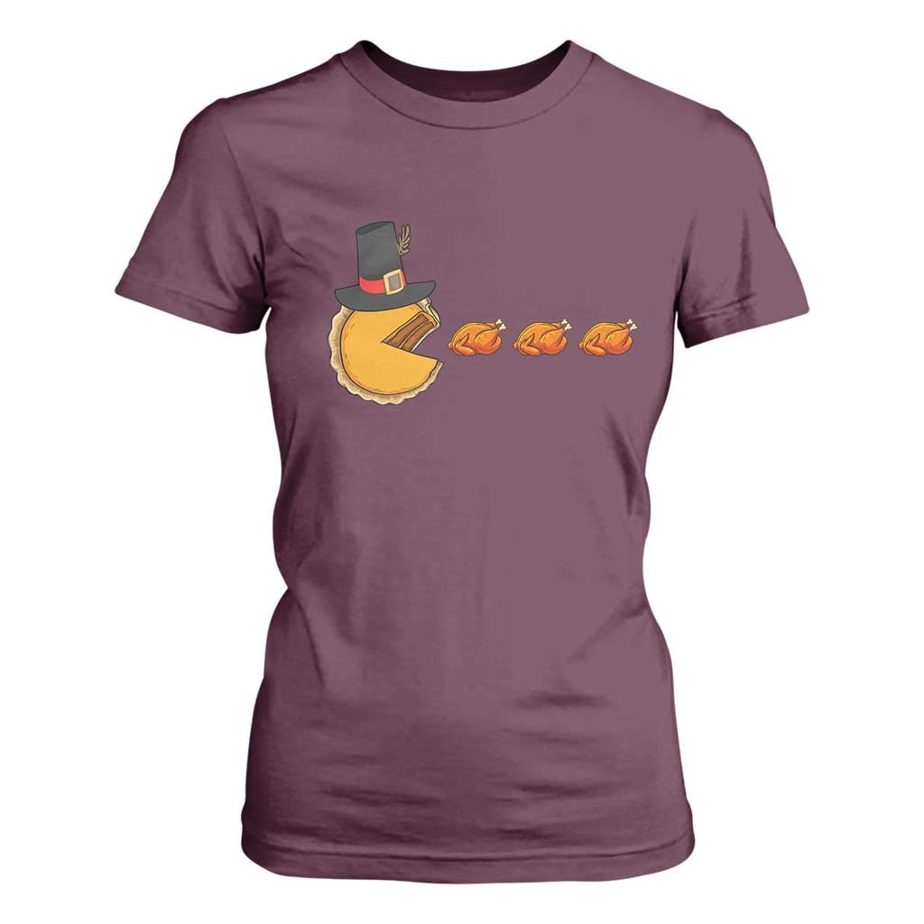 Thanksgiving Video Game T Shirt For Women Pumpkin Pie Eating Turkey Gamer Patch Day TS10 Maroon Print Your Wear
