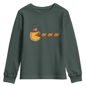 Thanksgiving Video Game Youth Sweatshirt Pumpkin Pie Eating Turkey Gamer Patch Day TS10 Dark Forest Green Print Your Wear