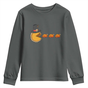 Thanksgiving Video Game Youth Sweatshirt Pumpkin Pie Eating Turkey Gamer Patch Day TS10 Dark Heather Print Your Wear