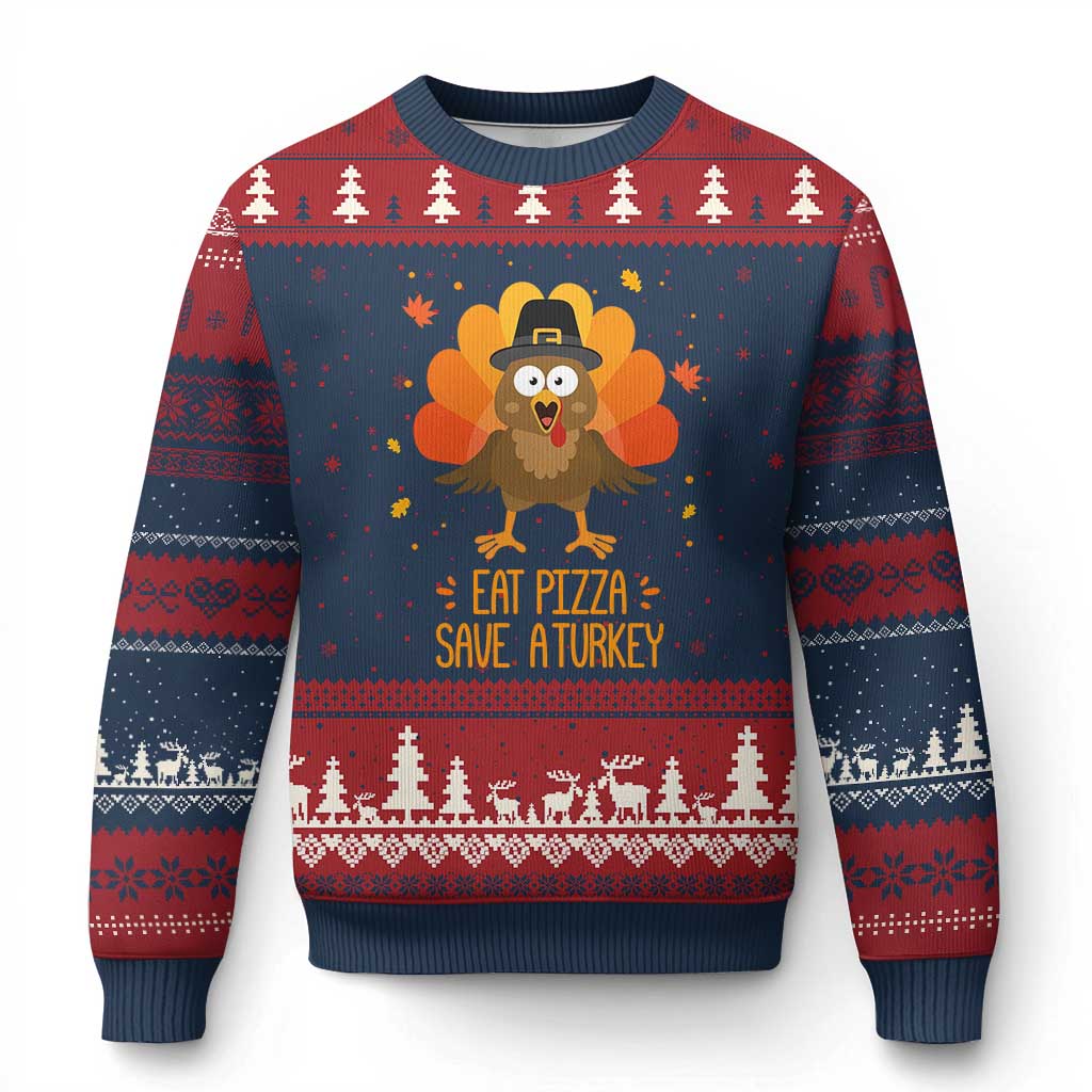 Save A Turkey Eat Pizza Ugly Christmas Sweater Funny Thanksgiving TS10 Navy Red Print Your Wear