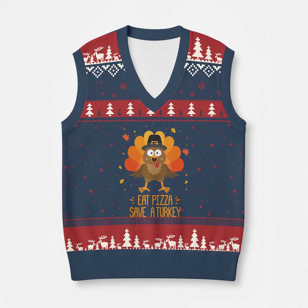 Save A Turkey Eat Pizza V-Neck Knit Sweater Vest Funny Thanksgiving TS10 Navy Red Print Your Wear