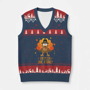 Save A Turkey Eat Pizza V-Neck Knit Sweater Vest Funny Thanksgiving TS10 Navy Red Print Your Wear