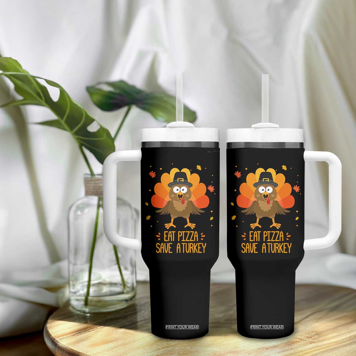 Save A Turkey Eat Pizza Tumbler With Handle Funny Thanksgiving TS10 Print Your Wear