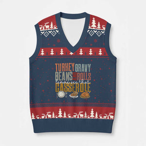 Funny Thanksgiving V-Neck Knit Sweater Vest Turkey Gravy Beans And Rolls Let Me See That Casserole TS10 Navy Red Print Your Wear