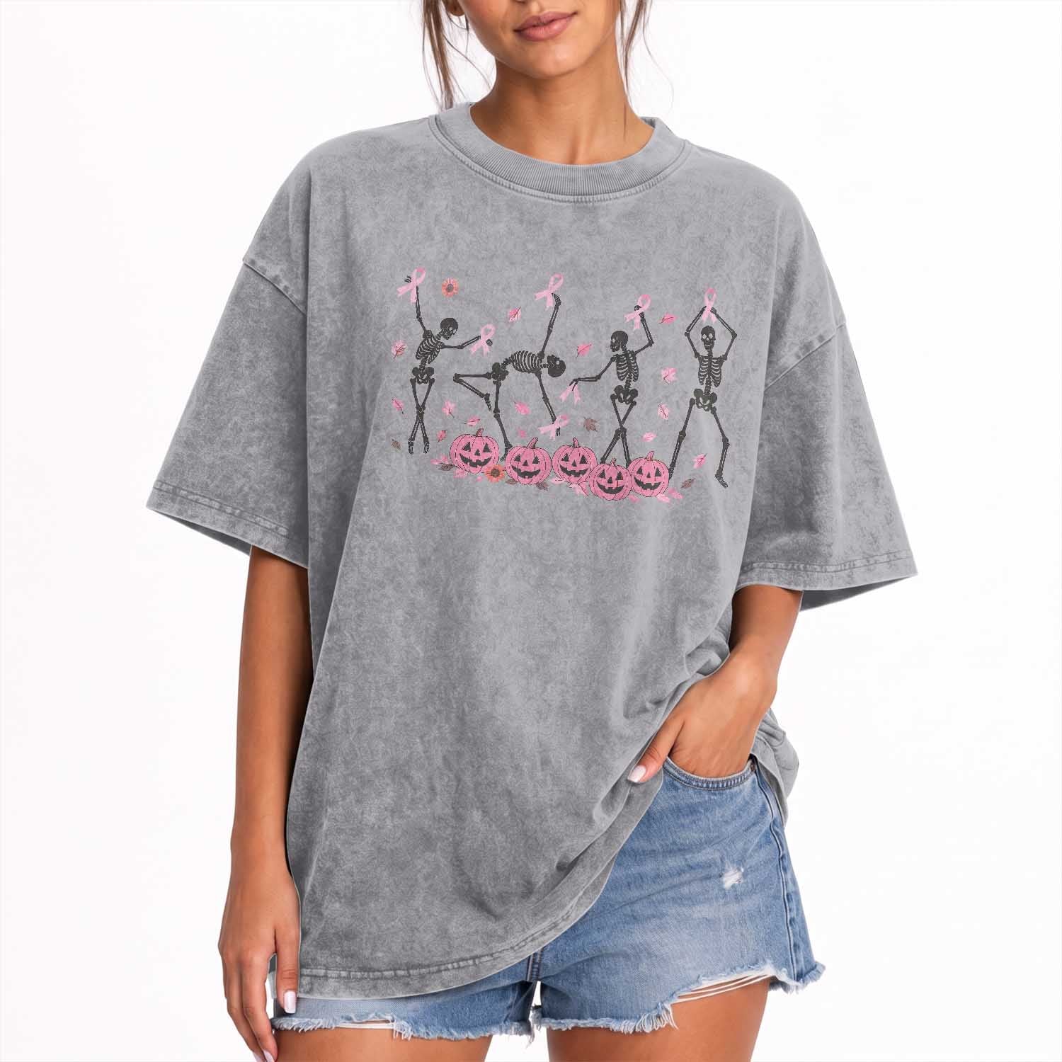 Dancing Skeletons Breast Cancer Washed Cotton T-Shirt Skeleton Pink Ribbon Halloween TS10 Print Your Wear