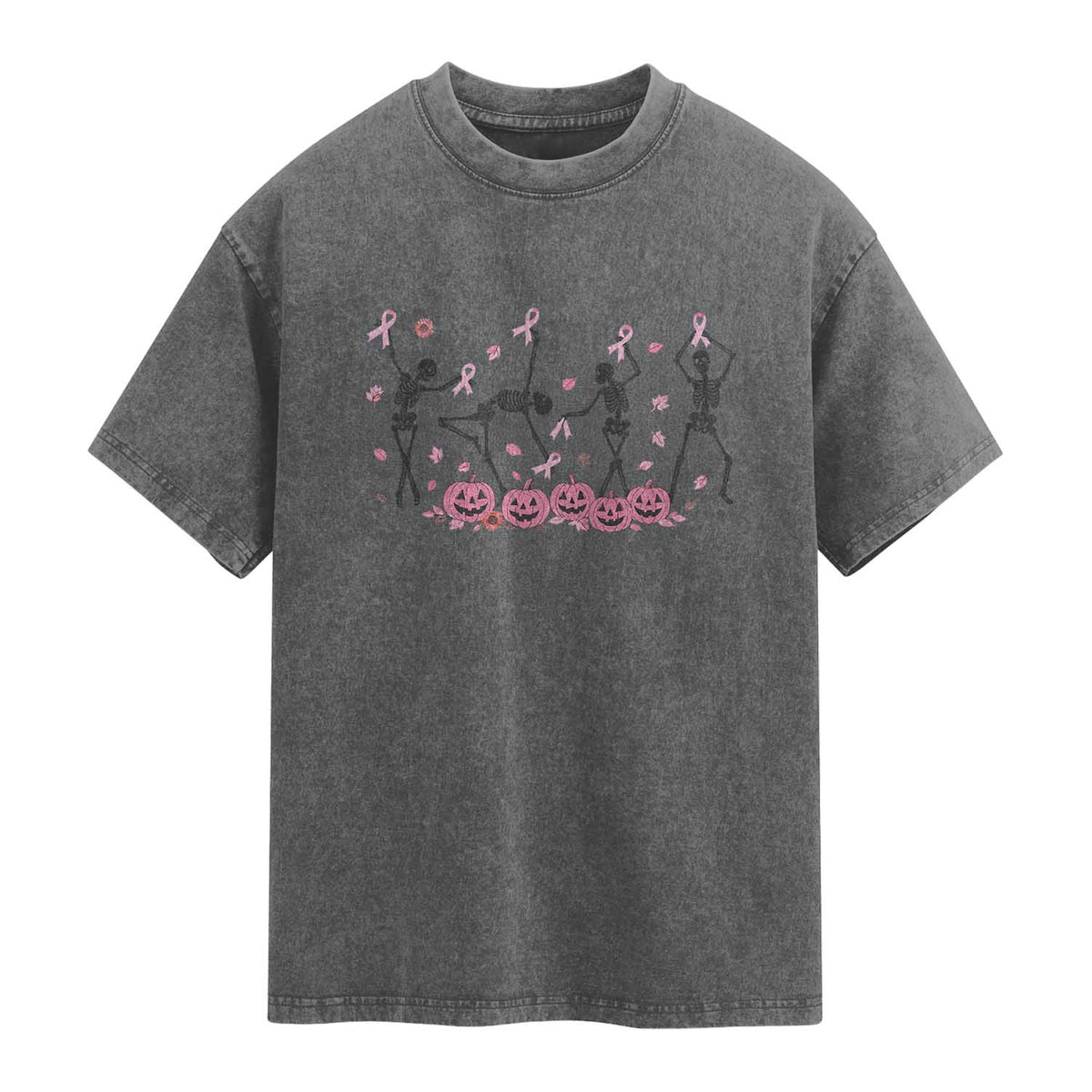 Dancing Skeletons Breast Cancer Washed Cotton T-Shirt Skeleton Pink Ribbon Halloween