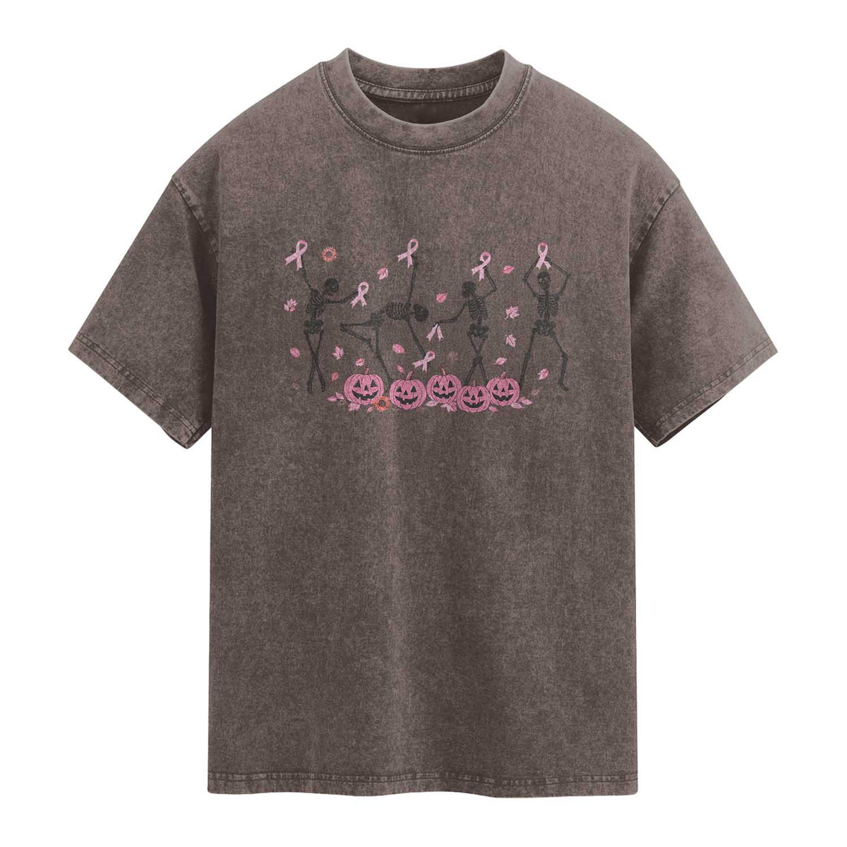 Dancing Skeletons Breast Cancer Washed Cotton T-Shirt Skeleton Pink Ribbon Halloween