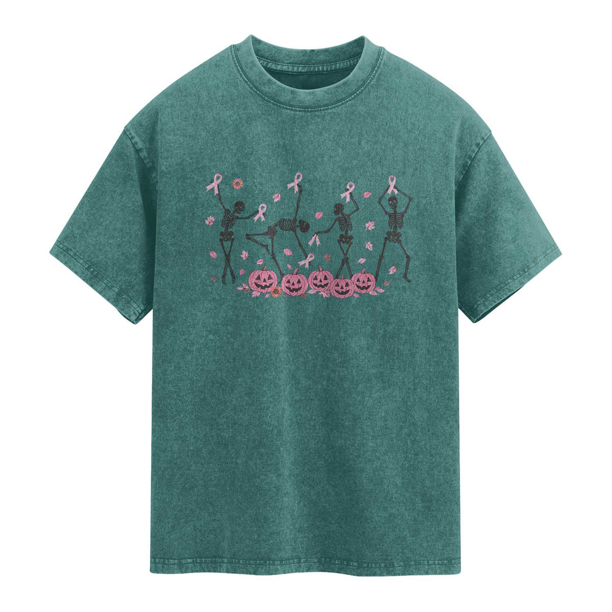 Dancing Skeletons Breast Cancer Washed Cotton T-Shirt Skeleton Pink Ribbon Halloween